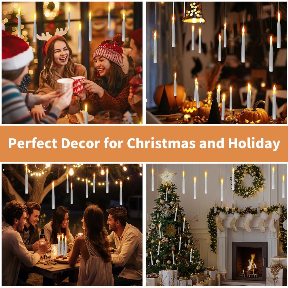 New 12Pc LED Floating Candles With Magic Wand Timer Flameless Flying Candle Flickering Burning Candles For Wedding Holiday Decor