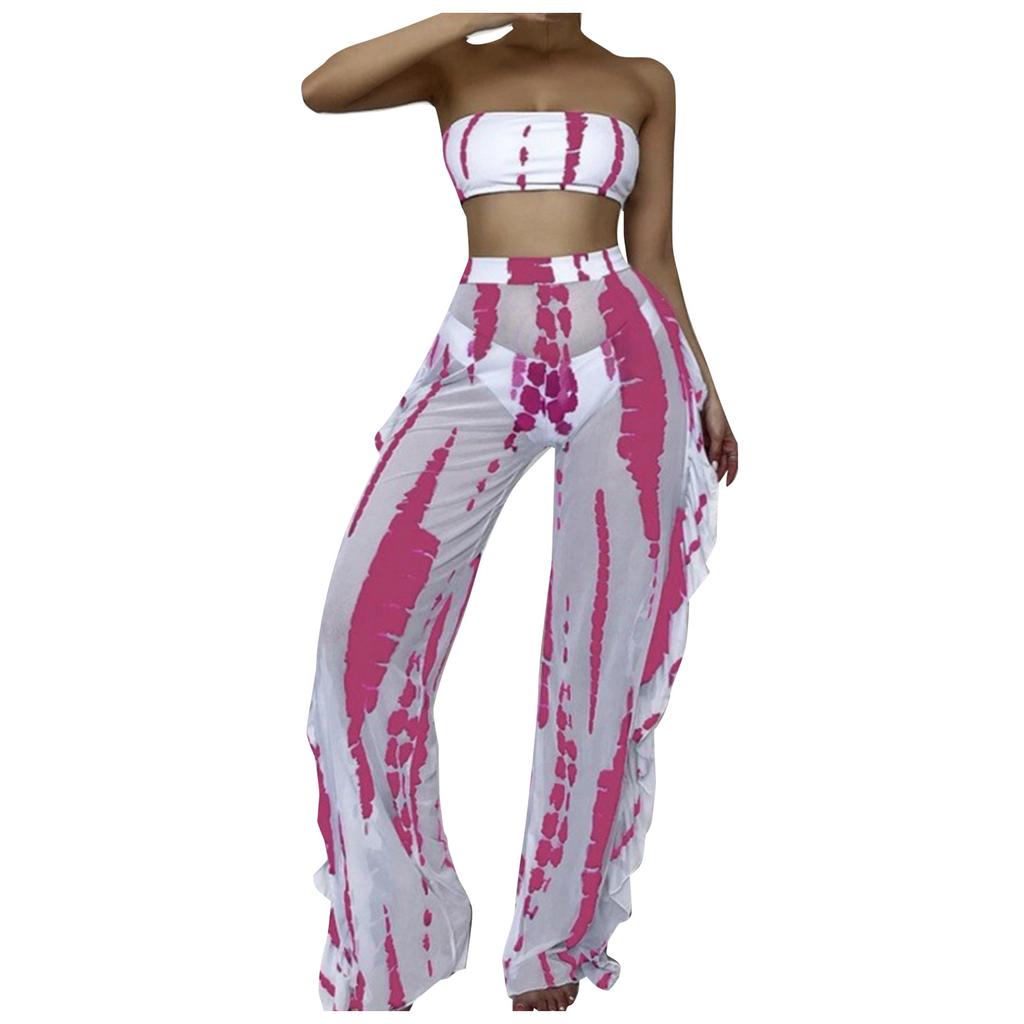 Fashion Women's Tube Top Mesh Pants Printed High Waist Split Sexy Swimsuit Bikini