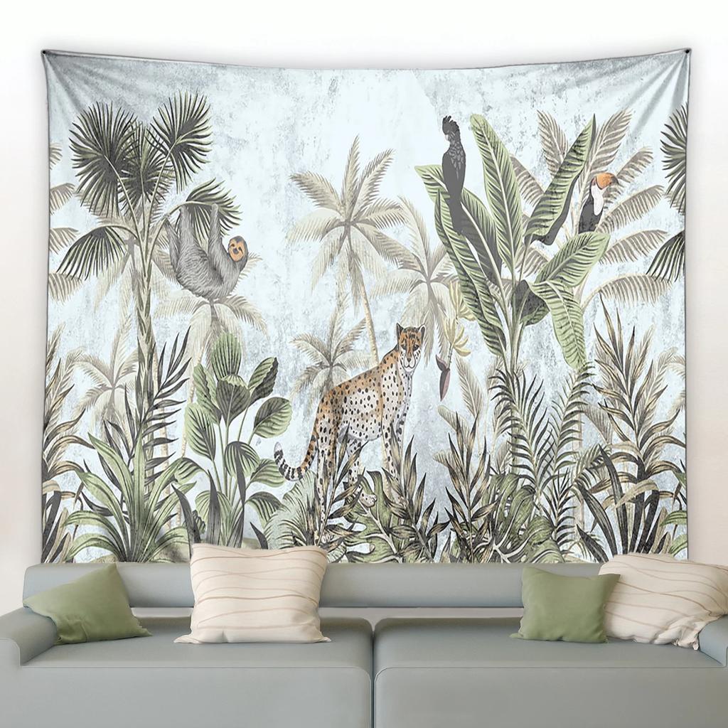 Tropical Plants Tapestry Colorful Parrot Monstera Banana Leaves Watercolor Wall Hanging Natural Landscape Living Room Tapestries