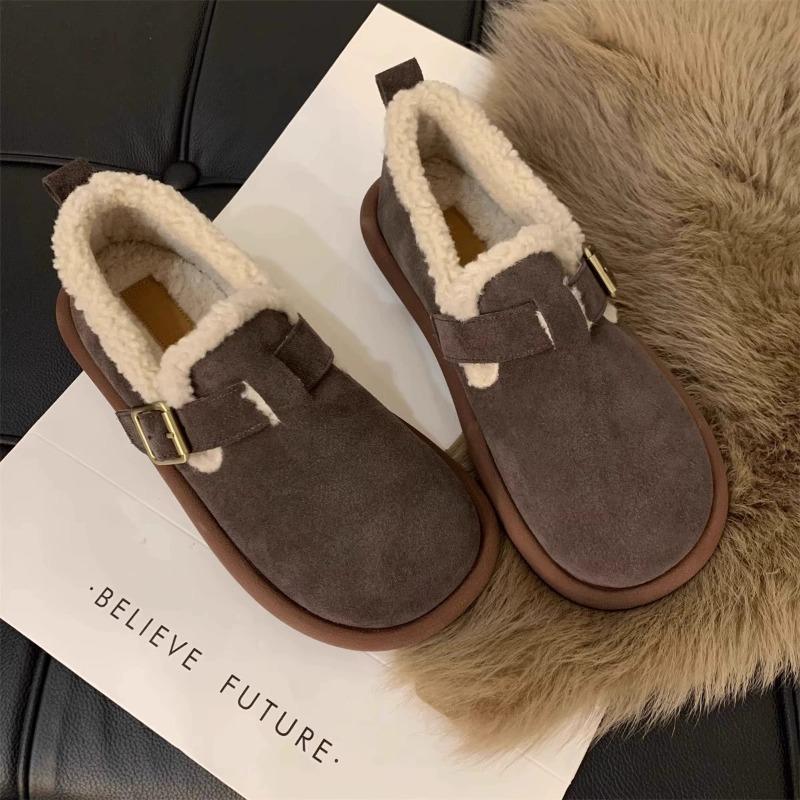 Winter Doudou shoes women's soft leather and velvet outer wear flat-bottomed retro soft-soled Boken big head and one foot cotton shoes
