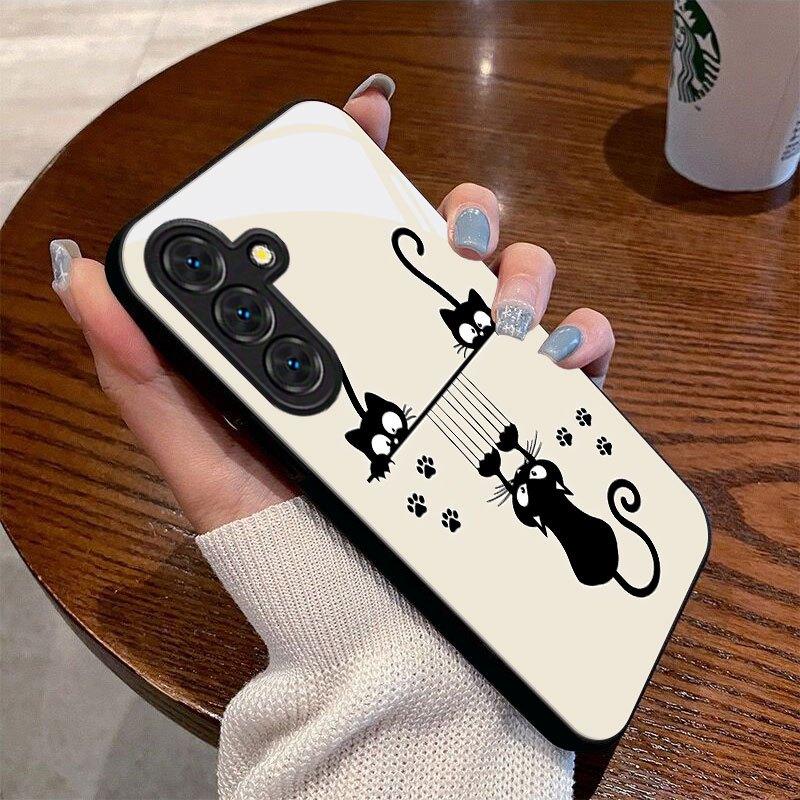 Black Cat Cartoon Pattern Glass Phone Case for Samsung Galaxy S26 S25 S24 S23 S22 S20 fe/plus/Ultra Anti Drop