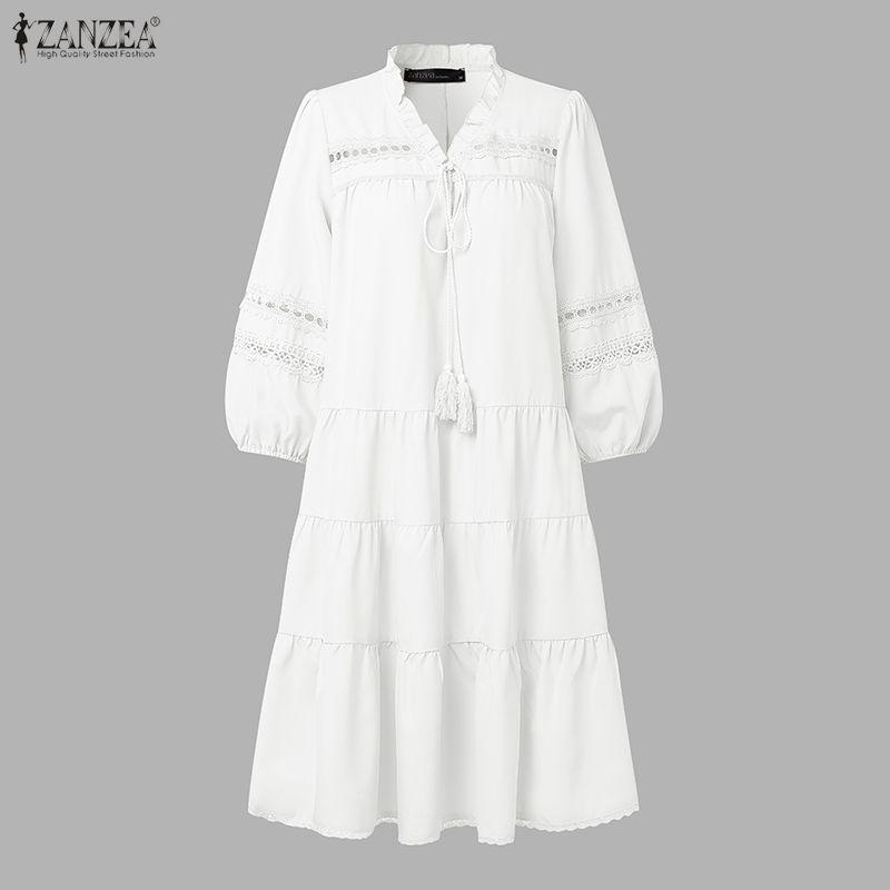 ZANZEA Women V-neck 3/4 Sleeve Loose Casual Bohemian Dress