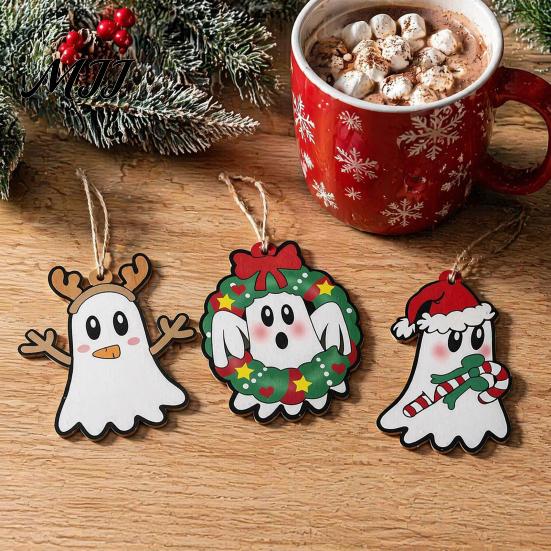 Wooden Hanging Decorations for Holiday Christmas Ghost Ornaments, Tree with Santa Hats Cute Ornaments Gothic Skull, Xmas Winter Party Supplies Window