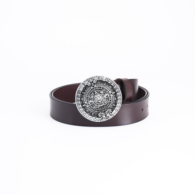 Glossy Whole Cowhide Belt, Zinc Alloy Ancient Tin Aztec Calendar Belt, Retro Large Size Pure Leather Belt.