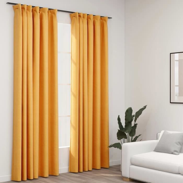 VidaXL Blackout Curtains Linen Look and Hooks 2 Pcs Yellow 140x225cm