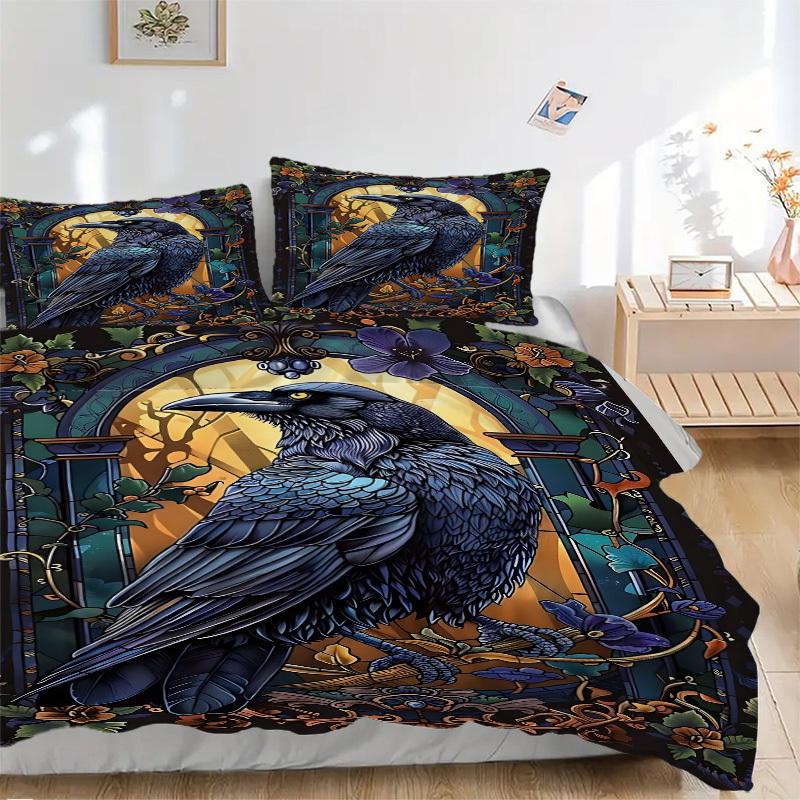 3pcs Stained Glass Raven Duvet Cover Set, 1 Duvet Cover + 2 Pillowcases (No Insert), High-Definition Print, Home & Dorm yy251123005