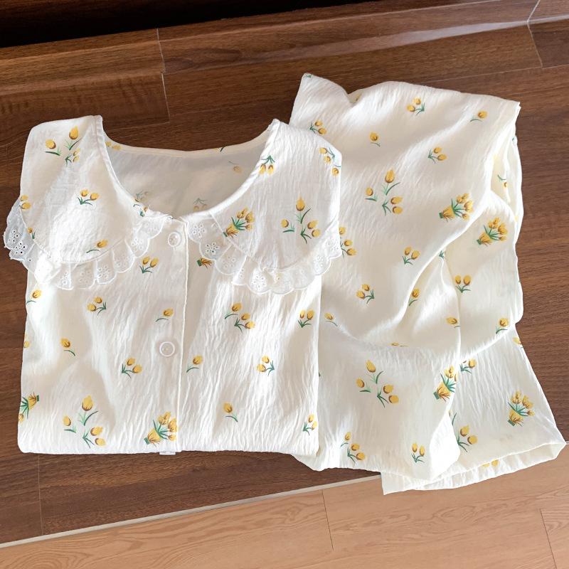 Pastoral Flower Cloud Cotton Pajamas Women'S Spring And Autumn Long-Sleeved Sweet Doll Collar Loungewear Set Real Shot