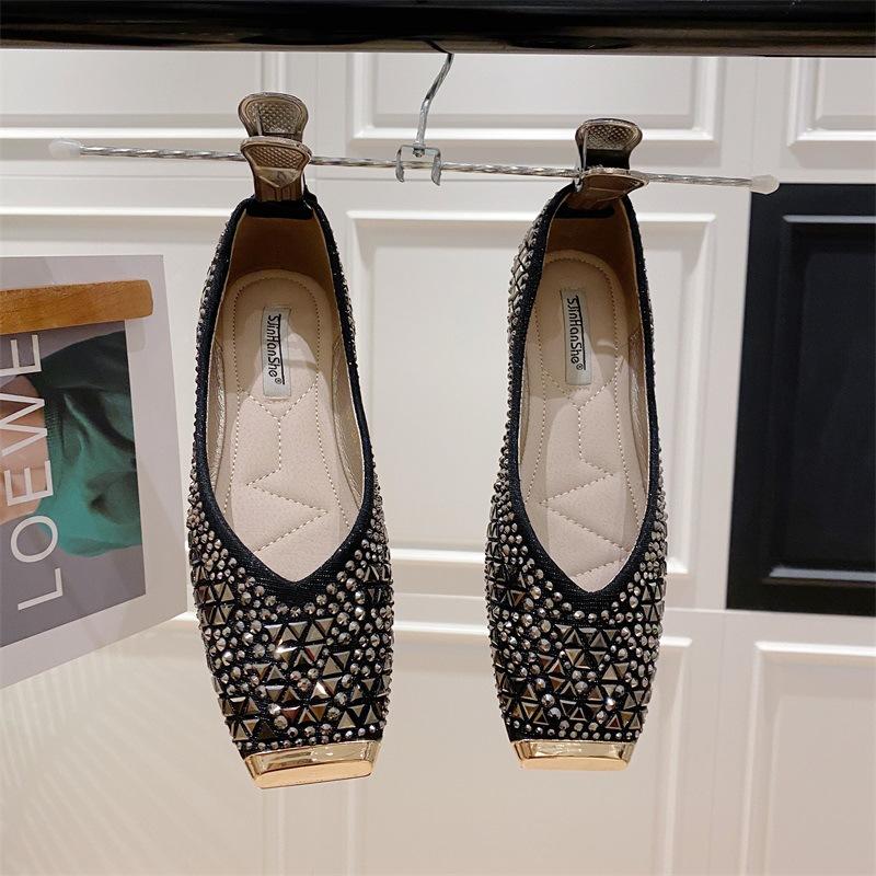 Spring Fashion Shallow Mouth Rhinestone Evening Breeze Gentle Soft Sole Doudou Shoes Square Head Flat Sole Single Shoes Women