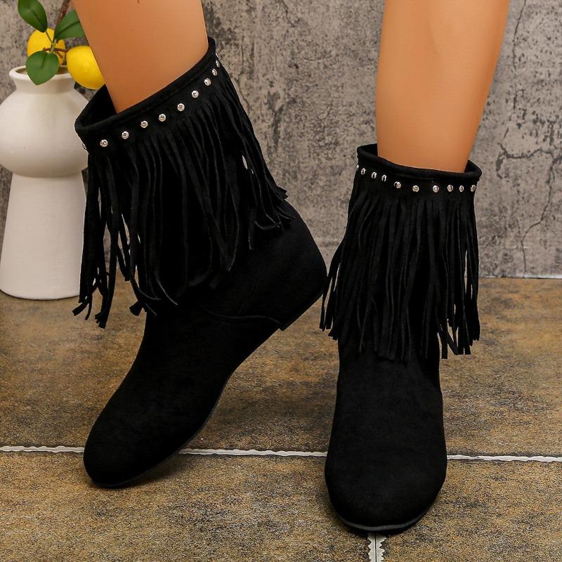 Large Size Rivet Western Cowboy Boots Women's Boots Flat Bottom Solid Color Fringed Boots Wish Source