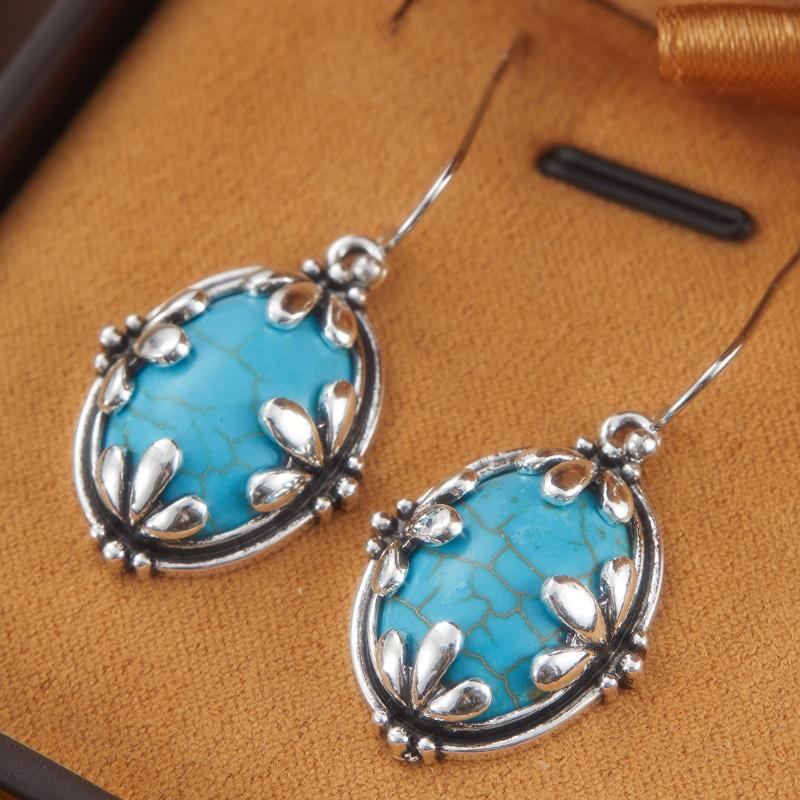 Retro Trend Inlaid Stone Oval Pendant Earrings, Women's Personalized Ethnic Style Holiday Accessories Gifts