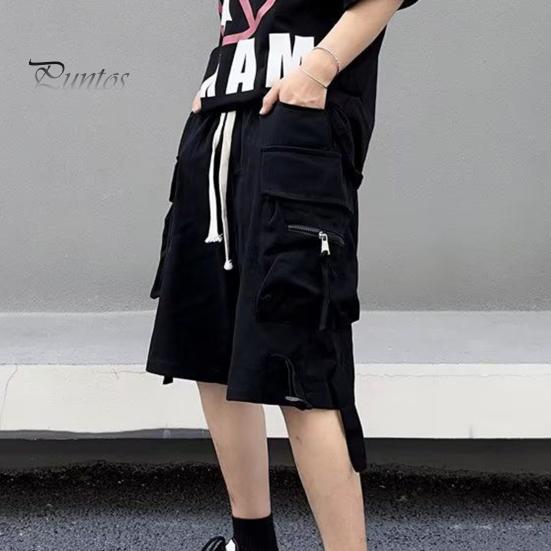 Men Cargo Shorts Elastic Waist Adjustable Drawstring Sport Shorts with Multi Pockets Wide Leg Casual Shorts