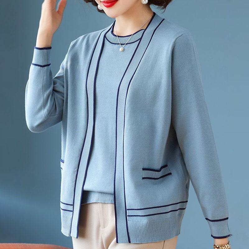 Spring Autumn Women's Knit Top Two-Piece Set Color-Block Knit Cardigan Knit Short-Sleeve T-Shirt Two-Piece Set