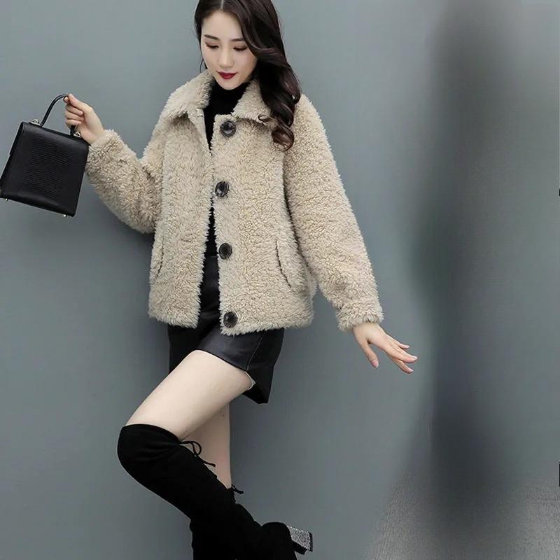 Куртка женская новая корейская версия осень-зима утолщенная и бархатная овечья шерсть короткий свитер M абрикосовый 3298₽