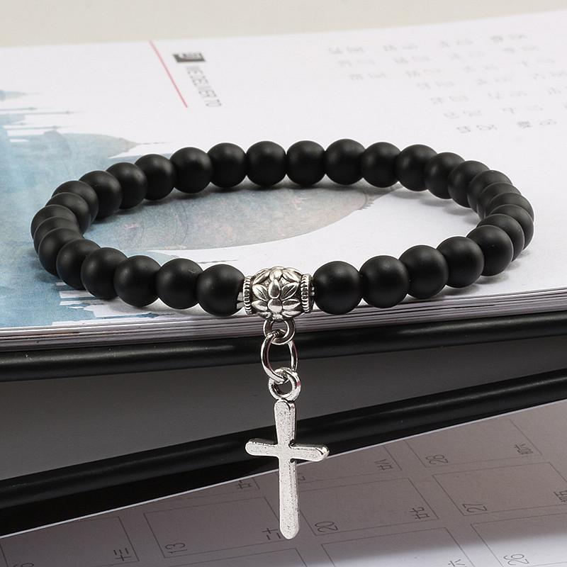 A cross bracelet for men and women, natural stone matte black yoga chain, vintage bohemian jewelry gift