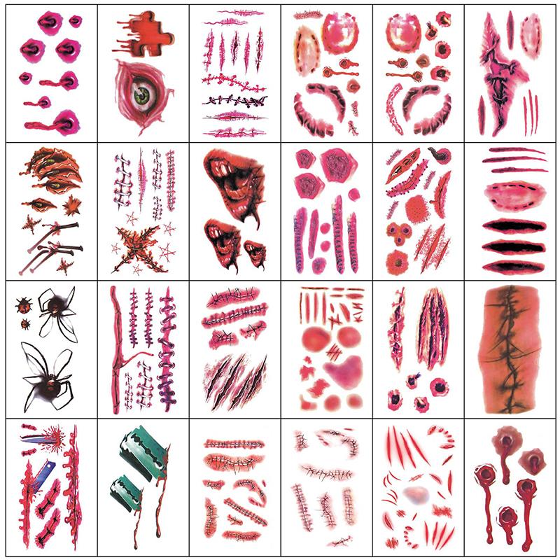 20/30/50 Sheets Halloween Terror Wound Temporary Tattoo Waterproof Realistic Blood Tattoos Injury Scar Tattoo Stickers For Body