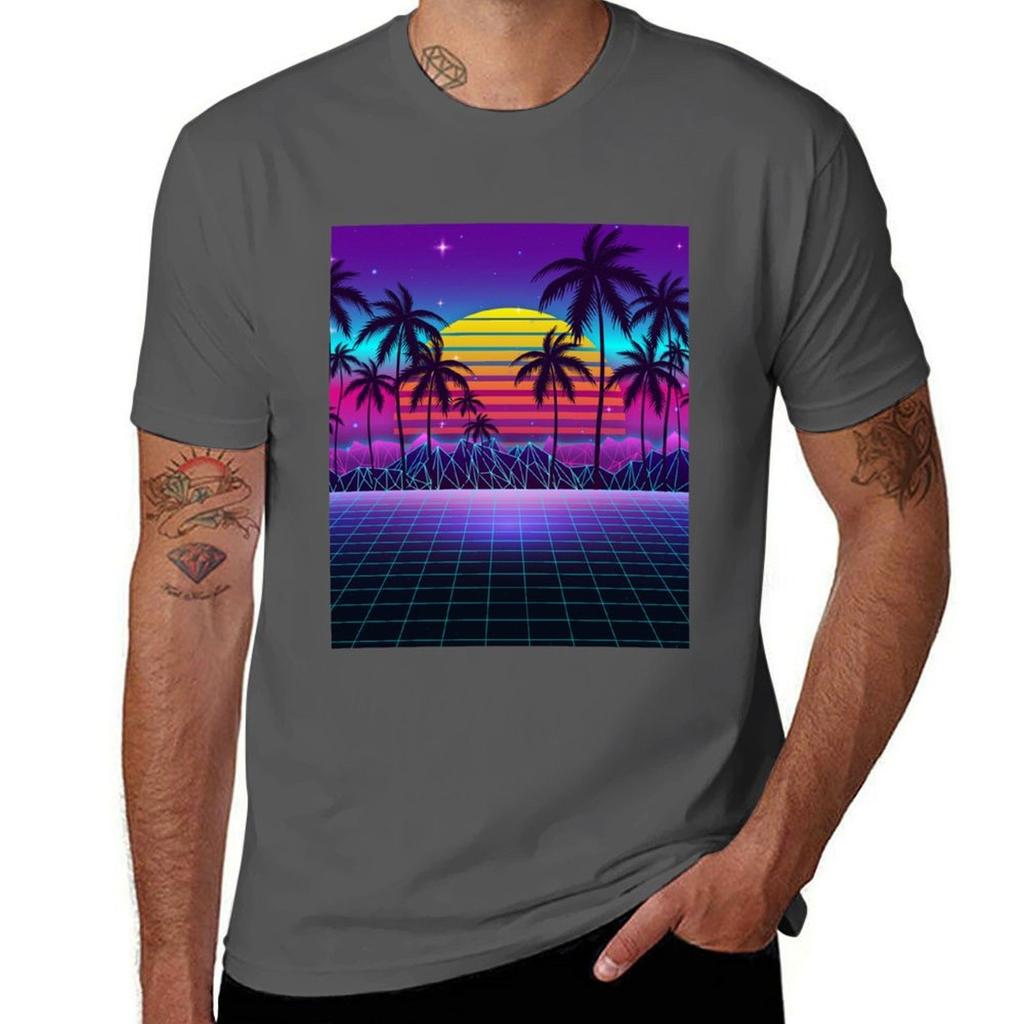 Radiant Sunset Synthwave Tshirt Large Size Short Sleeve Tshirt
