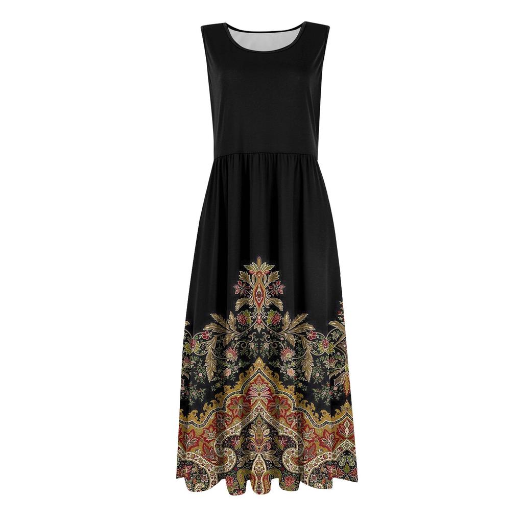 Women's Fashionable Printed Round Neck Sleeveless Casual Pullover Pocket Mid Length Dress