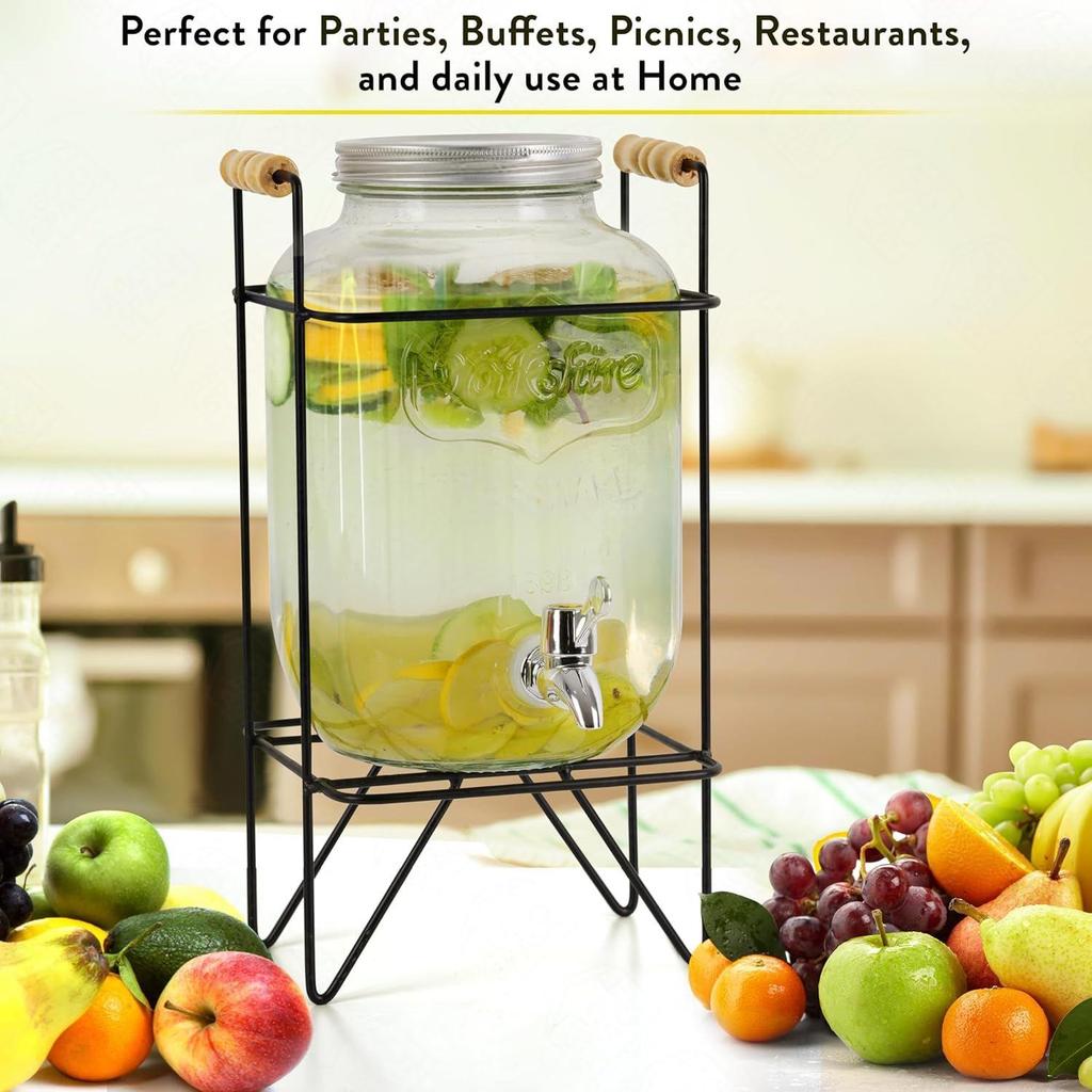 4 Litre Glass Water Dispenser with Stand - Air Tight Lid Glass Pitcher for Detox Water - Counter Table Top Juice Infused Water Beer Dispenser