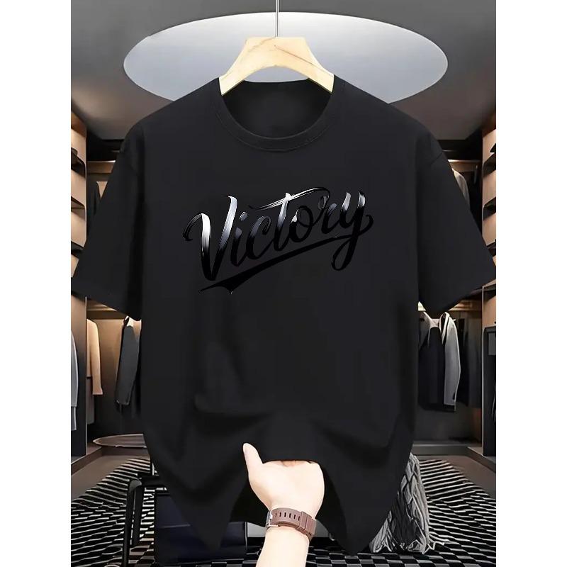 European Size Men'S Casual Summer Graphic T-Shirt - Short Sleeve, Round Neck, "Victory" Print, Lightweight Cotton Blend, Regular Fit, Machine Washable