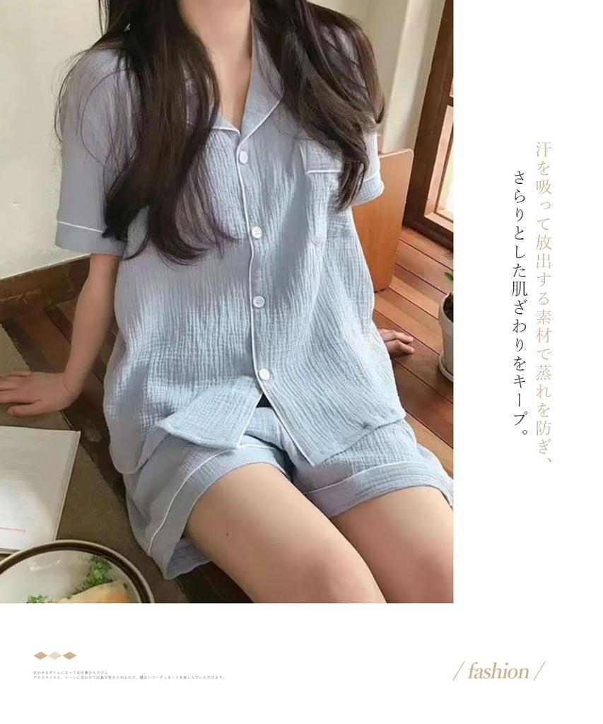 Baby Short Sleeve Top and Bottom Pajama Slimming Large [EnagmourCheripo] Women's Pajamas, Cotton, Roomwear, Top, Shorts, Set, Set, Buttons,