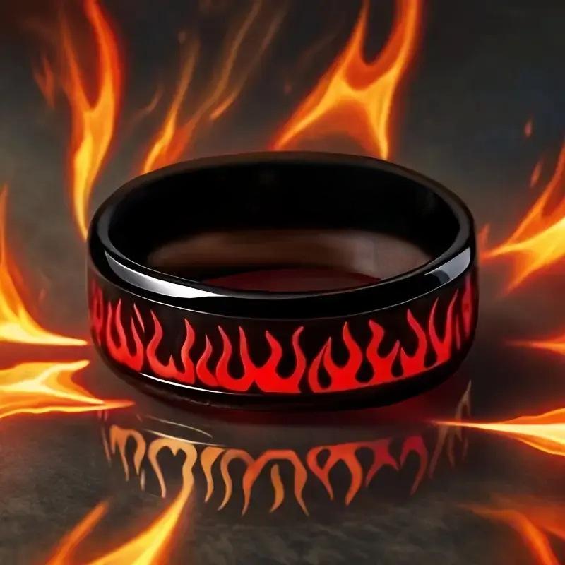 Matte Black & Red Flame Stainless Steel Ring - Perfect for Birthdays and Daily Wear
