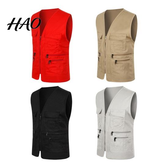Herren Sommer Cargo Weste V-Ausschnitt Ärmellos Mehrere Taschen Sport Utility Weste Einfarbige Reißverschlussleiste Freiwilligen Sicherheitsweste Mehrere Taschen