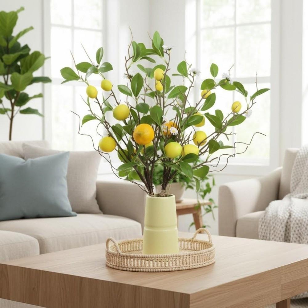 Plastic Artificial Lemon Branch with Flower Faux Lemon Lemon Fruit Branch Realistic Green Leaves Fake Floral Decor Wedding Party