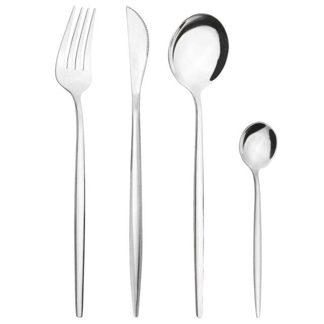

4 шт., набор столовых приборов из черного золота, набор столовой посуды из нержавеющей стали, золотые столовые приборы, вилки, ножи, ложки, свадебное серебро, набор посуды серебряный