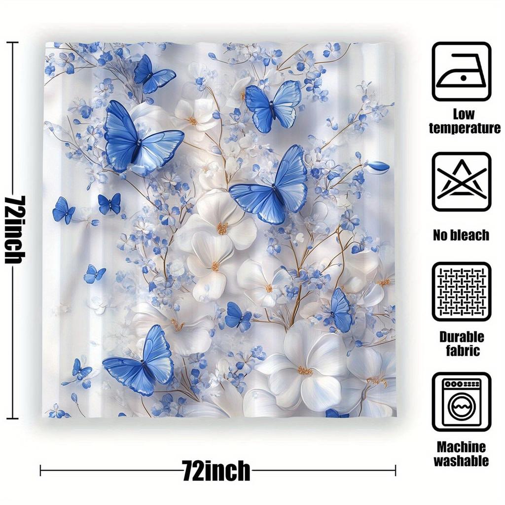 Blue Butterfly Theme Shower Curtain - Waterproof, 12 Hooks, Suitable For Home/Hotel, Machine Washable, One Piece