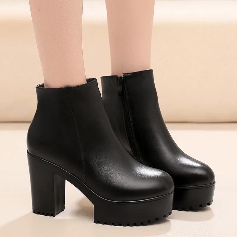 8cm 10cm Small Size 33-43 Thick Bottom Platform Shoes Ankle Boots with Fur 2025 Block High Heels Genuine Leather Boots Office