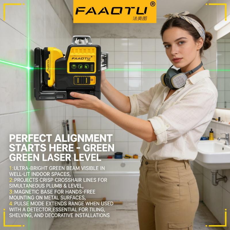 FAAOTU 089LG 12 Lines 3 Sides 360 Degree Vertical 12V Lithium Battery Laser Level Horizontal Green Meter Outdoor