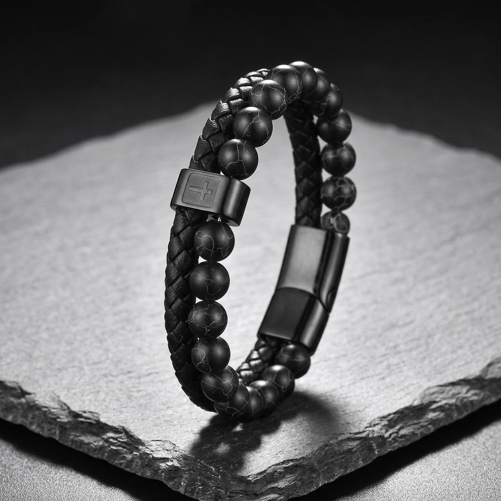 High Quality Stainless Steel Cross Men's Genuine Leather Bracelet Natural Black Stone Beaded Jewelry Anniversary Birthday Gift