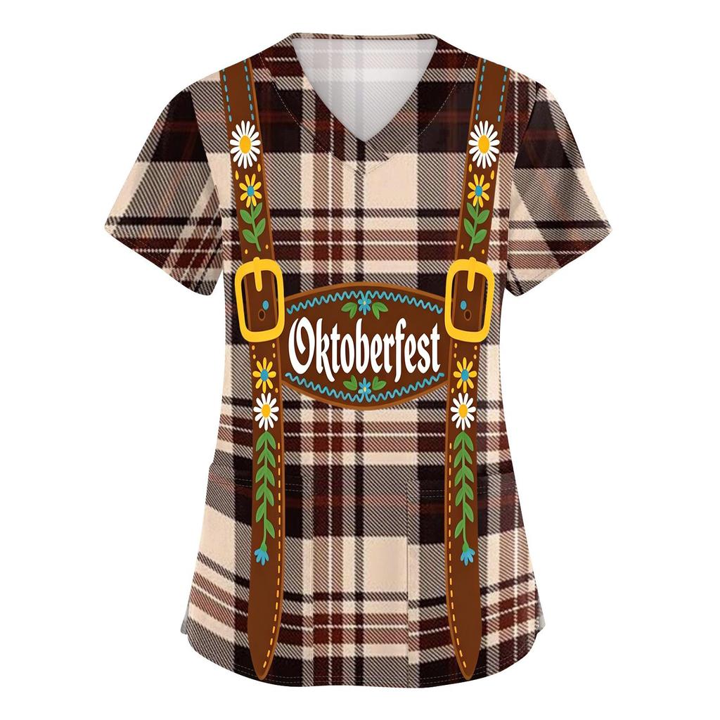 Women's V Neck Short Sleeve Work Shirt with Pockets Oktoberfest Print Lightweight Comfortable Fit Casual Top for Healthcare and Service Staff