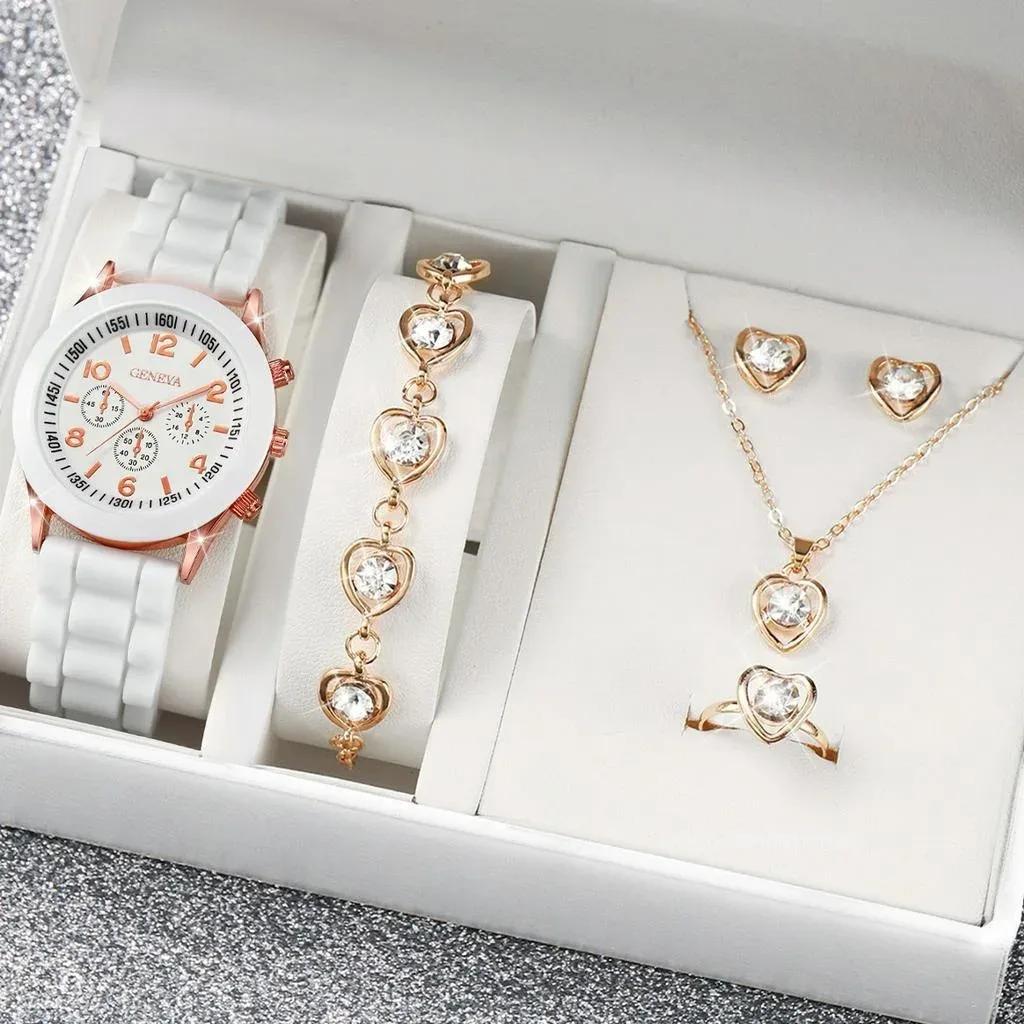 5 STÜCKE/Set Luxus Damen Uhren Strass Herz Mode Elegant Armbanduhr Quarz Uhr Damenuhr für Mädchen Geschenk (Ohne Box)