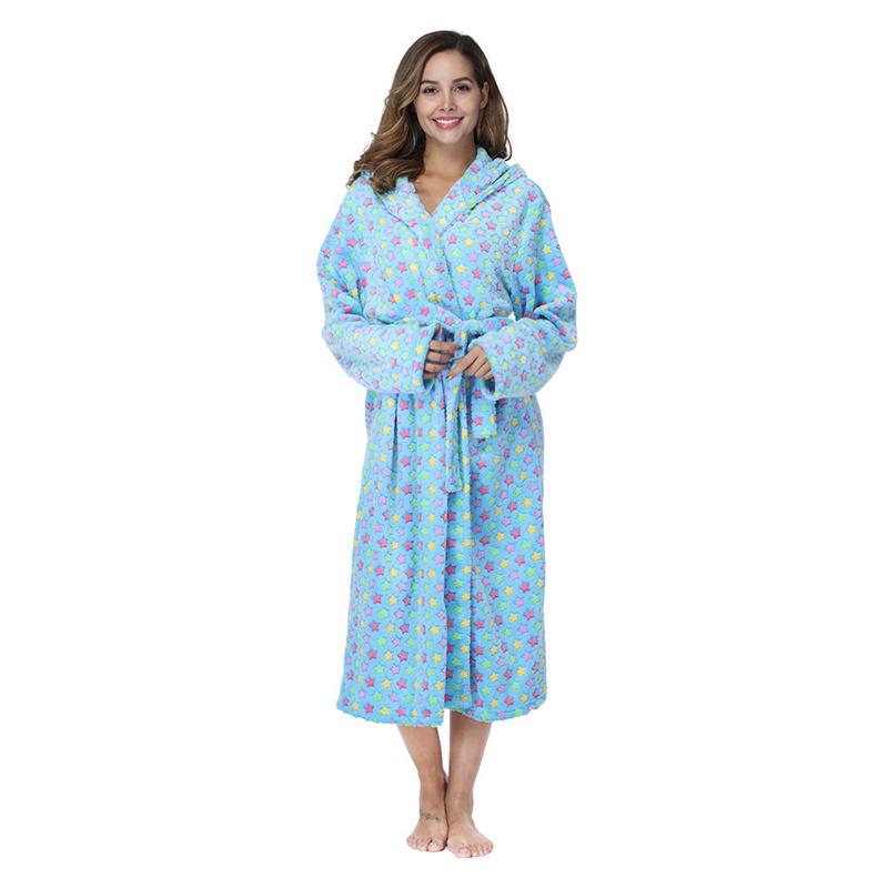 Autumn Winter Lapel Extended Printed Bathrobe Pajamas Nightgown Casual Flannel Nightgown Womens Wear Clothing