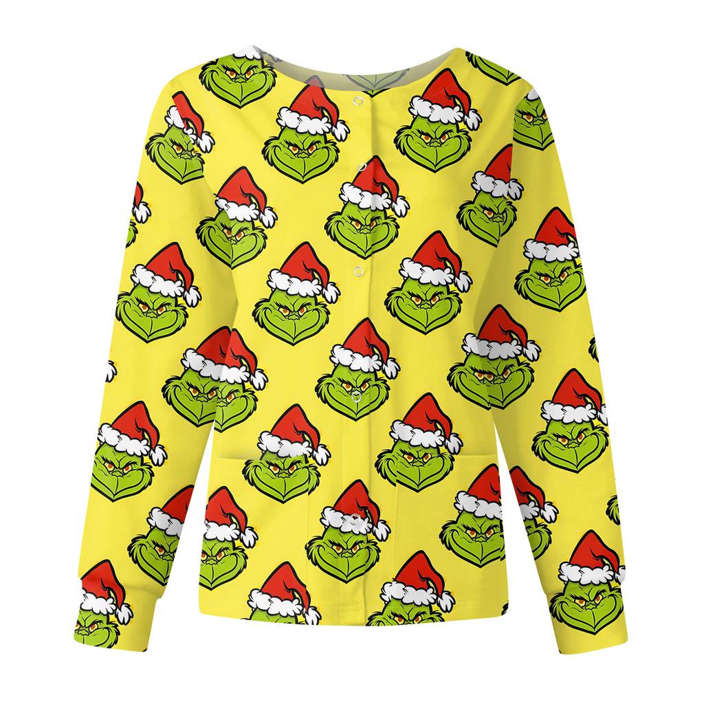 Women's Casual Fashion Long Sleeve Standing Collar Single Breasted Christmas Print Workwear Jacket Tops