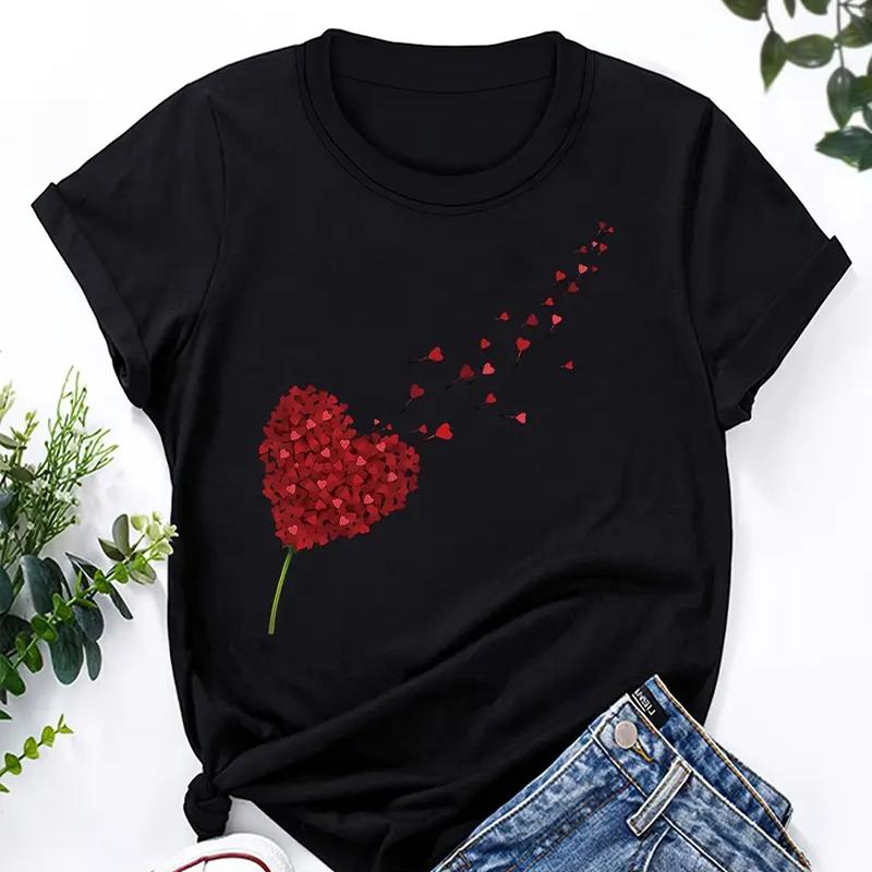 Dámské letní tričko Retro móda Trička s krátkým rukávem Ležérní topy s potiskem ve tvaru srdce