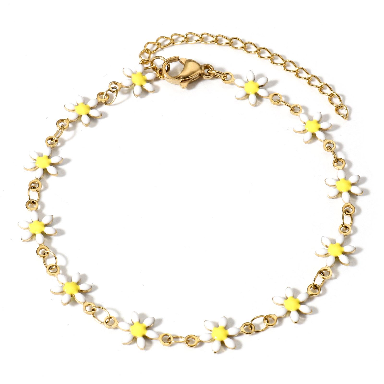 

1 Piece 304 Stainless Steel Bracelets For Women Gold Color Enamel Daisy Flower Double-sided Charms Bracelet 18.5cm(7 2/8 ) long белый