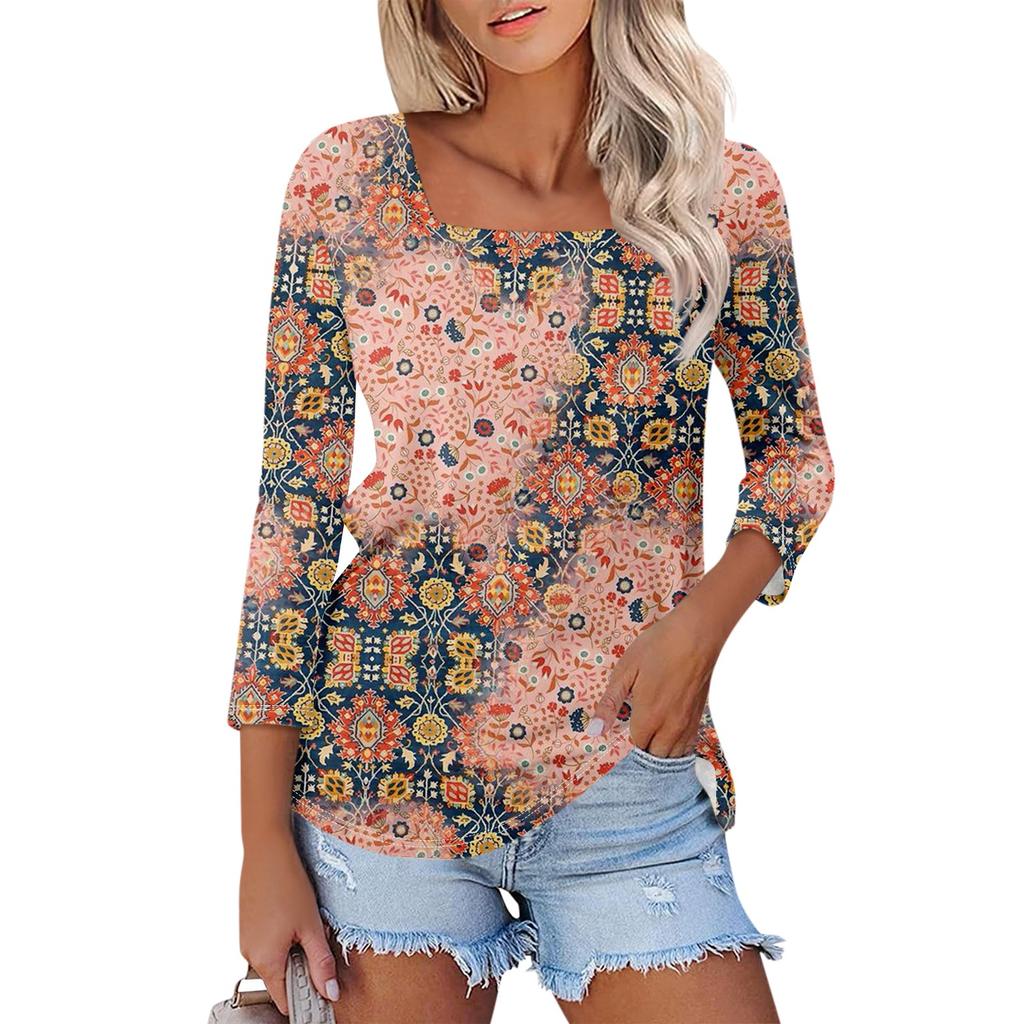 Women's 3/4 Sleeve Square Neck Floral Shirt Casual Loose Tunic Top