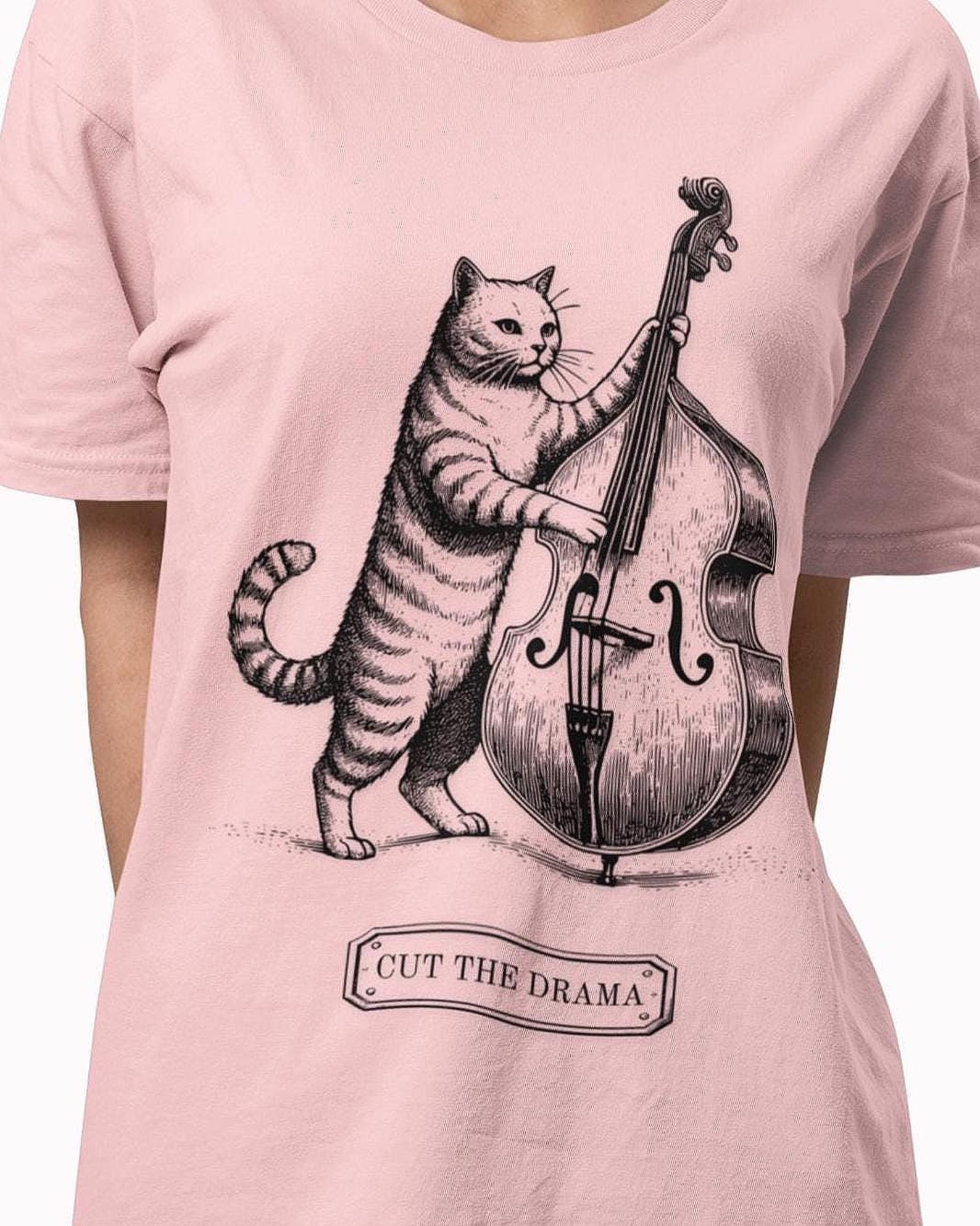 Cat Playing Double Bass T-Shirt, Engraving Style Musician Tee S