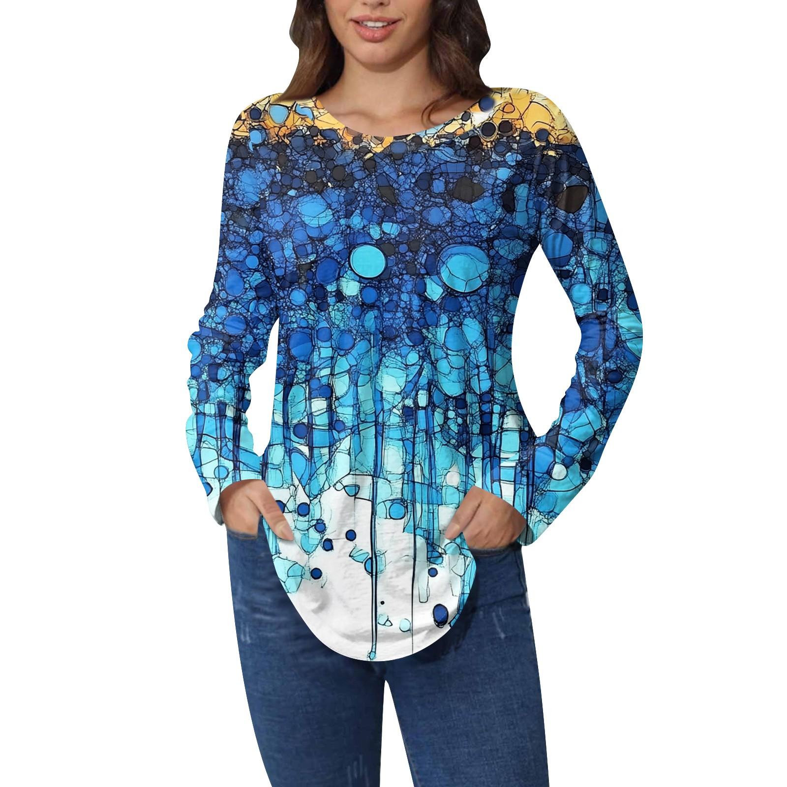 

Рубашки для женщин Милые винтажные узоры с принтом Футболка с длинным рукавом Туника Топы Хлопковые пуловеры L синий