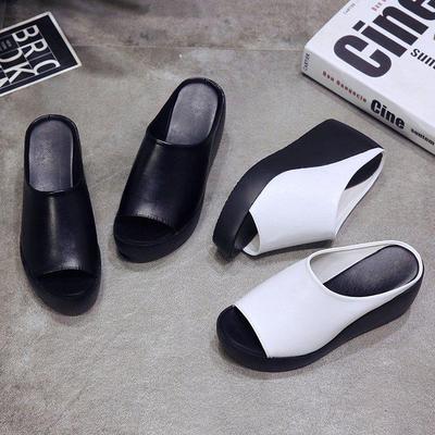 Korean Platform Wedge Heel Women's Plus Size Solid Color One-Strap Beach Slippers
