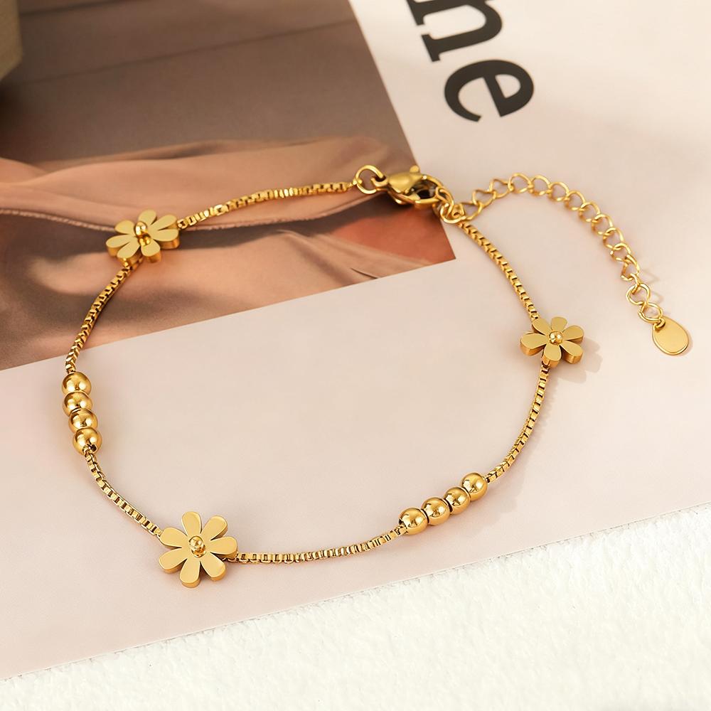 Elegantes Gänseblümchen Perlen Armband Damen Edelstahl Goldfarbe Kasten Kette Mode Süße Blumen Zirkonia Geburtstagsgeschenk Großhandel