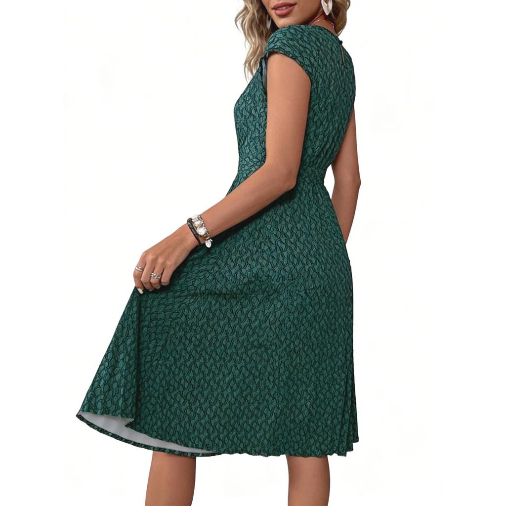 Womens Casual Midi Dress Short Sleeve Round Neck Tie Waist Printed A Line Dress for Daily Wear Work and Outdoor