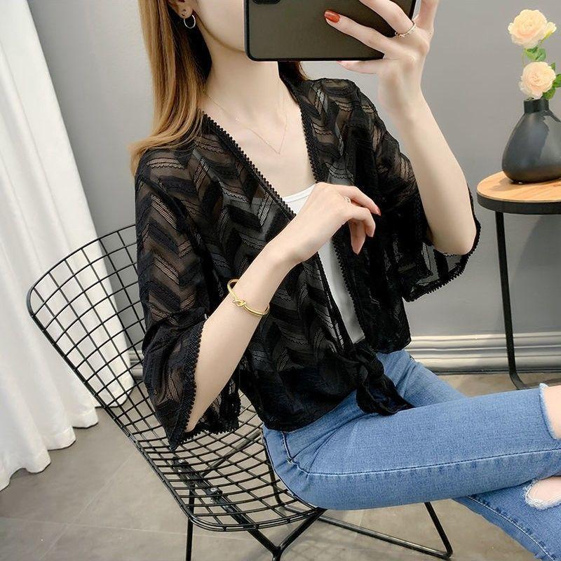 Hollow Out Chiffon Cardigan Sunscreen Jacket for Summer Paired with Lace Thin Outerwear Women's Shawl