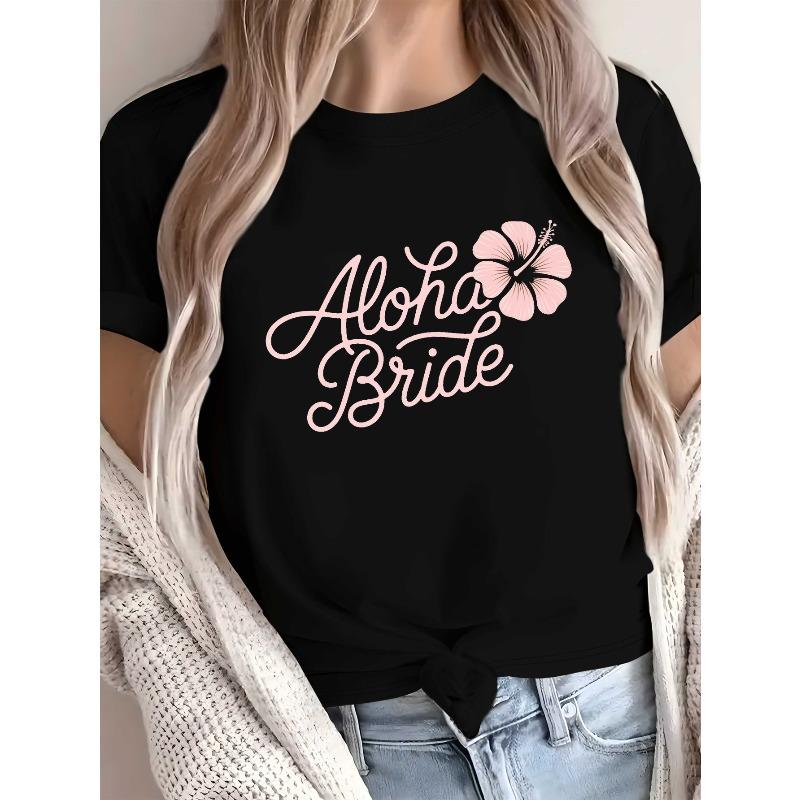 

European Size Women s Hawaiian Wedding T-Shirt - Pure Aloha Bride Hibiscus Print Pink & White Short Sleeve Top with Hawaiian Flower -like Neckline 4XL чорний