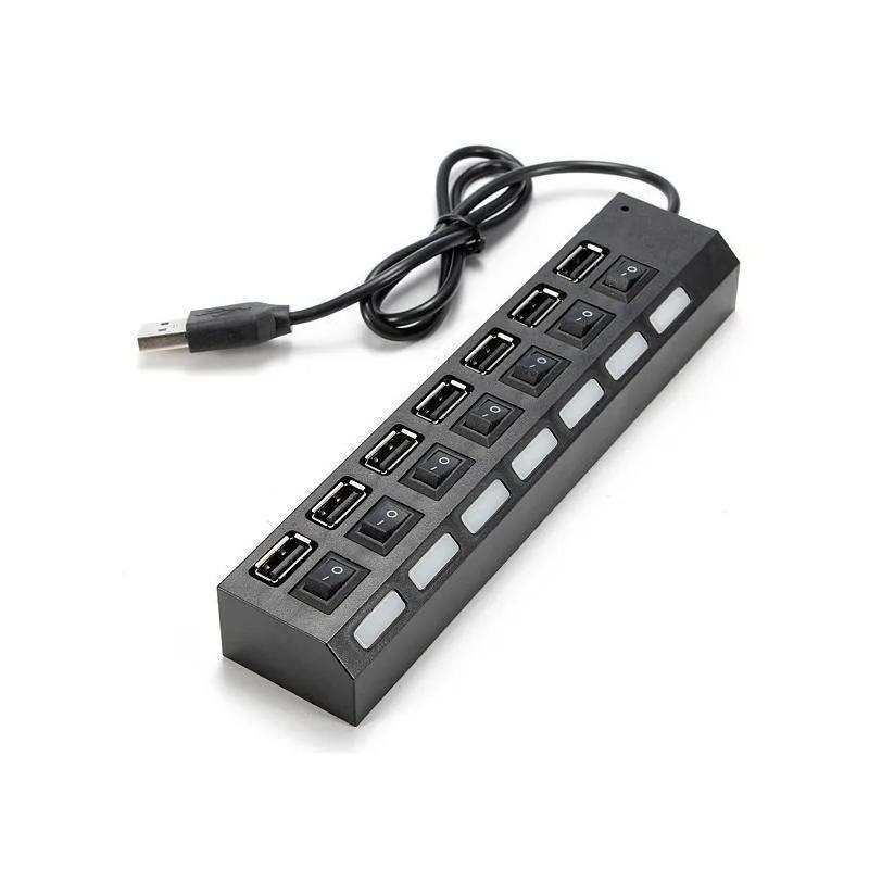 

High Speed 7 Ports LED USB 2.0 Adapter Hub Multi-Port Socket Powered ON/OFF Switch Charger Splitter For Pc Laptop Computer Phone чёрный