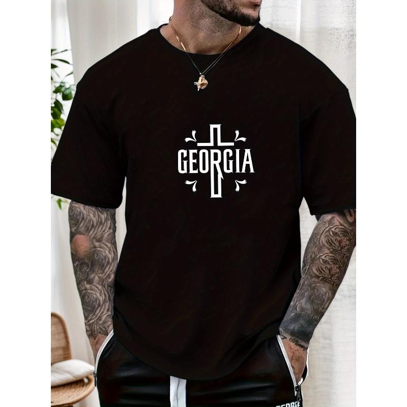 

European Size Men s GEORGIA English Pattern Summer Casual Crew Neck Short T-Shirt 4XL чорний