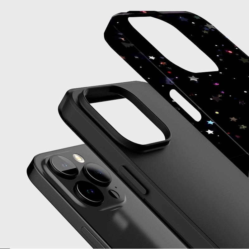 Sublimation Coated Glossy Phone Case Hard Plastic +TPU Soft TPU Shell Shiny Stars Black Patterned Full Protective Back Cover for iPhone Samsung
