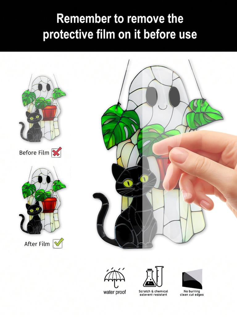 Cute Halloween Ghost Hanging Decor Acrylic Black Cat & Potted Plant Decortive Sun Catchers Window Ornament for Home & Party Gift